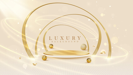 Empty elegant podium golden on cream color background with light neon effects and glow bokeh with gold ball decorations. Luxury scene design concept.