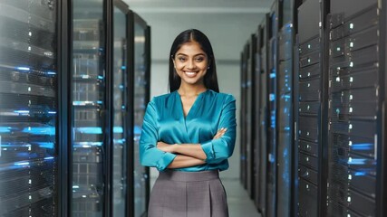 Smiling tech specialist standing confidently in a modern server room. She is surrounded by rows of powerful servers, representing technological advancement - Powered by Adobe