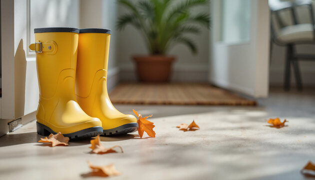 Yellow rain boots by doorway with autumn leaves on the floor  