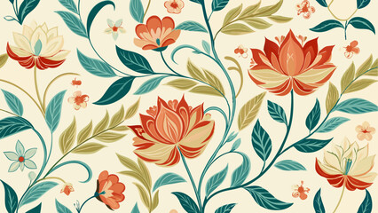 Seamless Floral Pattern with Vintage Lotus and Leaves Design