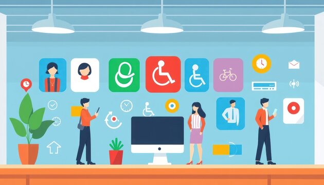 Inclusive workspace environment featuring people icons and accessibility symbols
