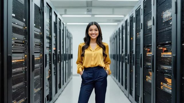 An Asian woman stands confidently in a server room, a place for data storage and management