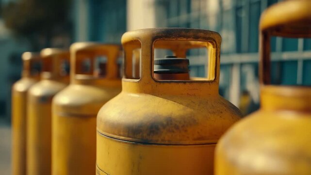 A 4 clean yellow gas cylinders At the garage of a building.