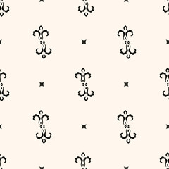 Simple minimalist floral pattern. Minimal seamless texture with small flower shapes. Abstract black and white geometric background. For print, package