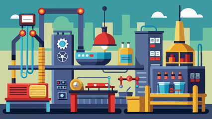 Fototapeta premium Modern Industrial Workshop Interior with Machines and Tools – Vector Factory Illustration