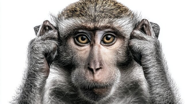 Monkey covering ears to illustrate see no evil concept in isolated white background featuring three wise monkeys symbolism