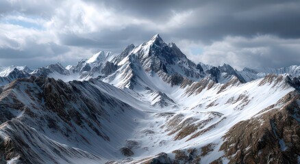 Obraz premium Majestic Snow-Capped Mountain Range Under Dramatic Skies