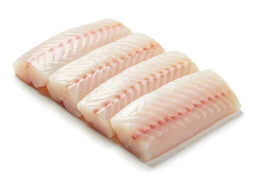 Raw cod loin pieces on white background.