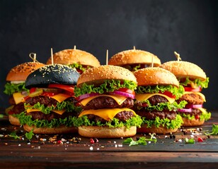 Gourmet burgers on a rustic wooden table