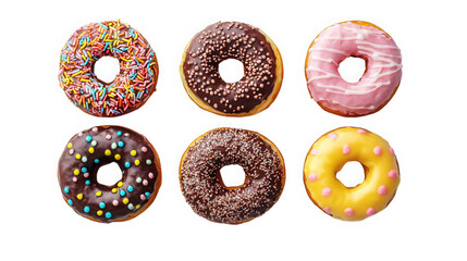 Six donuts with different toppings arranged on a black background studio shot on transparent background