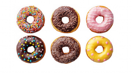 Six donuts with different toppings arranged on a black background studio shot on transparent background