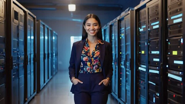 A professional woman walking confidently through a modern data center, smiling towards the viewer - Powered by Adobe
