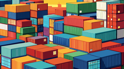 Fototapeta premium Colorful Shipping Containers Stacked at Port During Sunset – Logistic and Cargo Concept