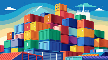 Fototapeta premium Colorful Shipping Containers Stacked at Port During Sunset – Logistic and Cargo Concept