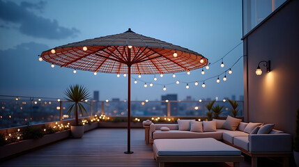 Fototapeta premium Terrace Umbrella with String Lights at Dusk 