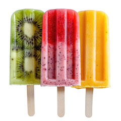 Colorful fruit popsicles with kiwi, strawberry, and mango layers on wooden sticks for a refreshing summer treat transparent background, cutout PNG