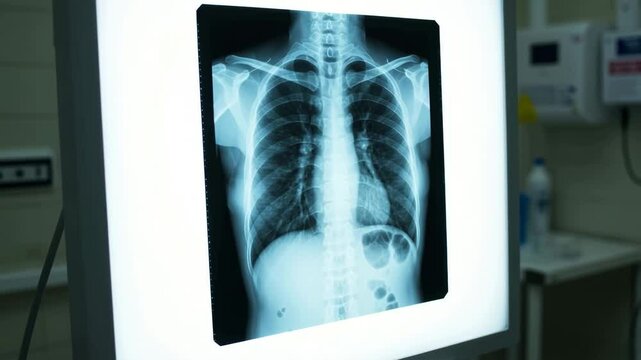 Chest x-ray on a light box for diagnosis in a hospital room