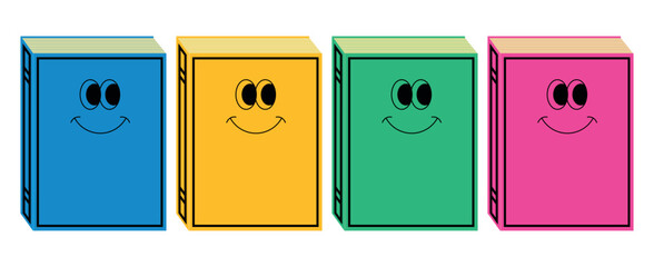 Set of smiling books with eyes and mouth. Soon to school. Cute character for bookstores, educational courses, libraries. Isolated vector illustration.