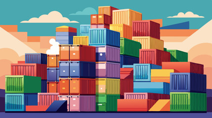 Fototapeta premium Colorful Shipping Containers Stacked at Port During Sunset – Logistic and Cargo Concept