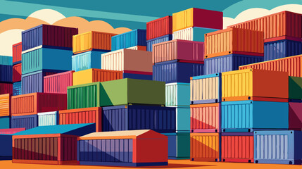 Obraz premium Colorful Shipping Containers Stacked at Port During Sunset – Logistic and Cargo Concept