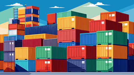 Obraz premium Colorful Shipping Containers Stacked at Port During Sunset – Logistic and Cargo Concept