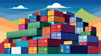 Fototapeta premium Colorful Shipping Containers Stacked at Port During Sunset – Logistic and Cargo Concept