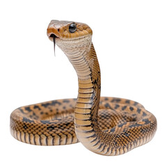 Fototapeta premium Brown snake with raised head displays warning posture on white background, transparent background, cutout PNG