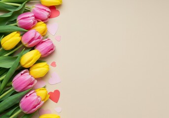 Obraz premium A vibrant border of pink and yellow tulips blossoms alongside scattered paper hearts against a beige background