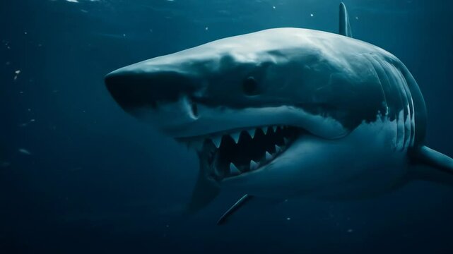 Megalodon. Great White Shark Portrait in Deep Blue Ocean