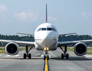 Naklejka premium Airplane taxiing on runway, front view. Ready for takeoff or landing.