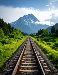 Fototapeta premium Empty train tracks surrounded by lush greenery leading toward a mountain in the distance.