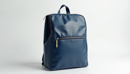 Sleek navy blue backpack with a zippered pocket on a white background, modern and stylish design
