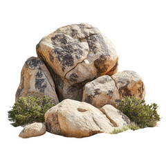 Large boulders and smaller stones surrounded by desert shrubbery in a natural setting transparent background, cutout PNG