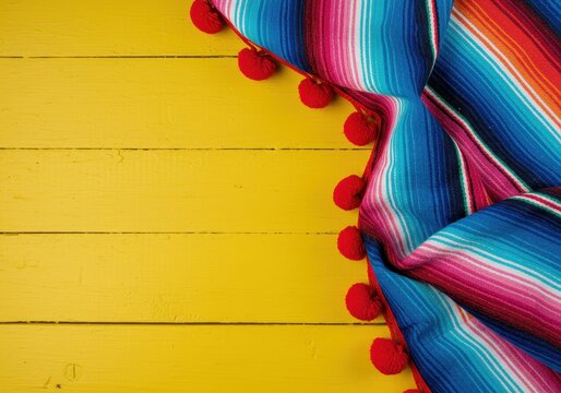 Vibrant sarape with red pompoms rests on a sunny yellow wooden surface