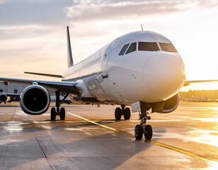 A sleek passenger airplane with clean lines is parked on an empty tarmac at dawn, ready for new journeys.