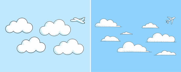 Simple Cartoon Illustration of White Clouds and an Airplane in a Blue Sky. Ideal for Travel, Weather, and Aviation-Themed Projects