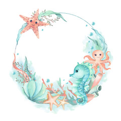 Frame with seahorse, starfish and algae, seashell, coral, blue mint watercolor spot, bubbles. Cute characters hand drawn template isolated from background. Children's illustration, kids design