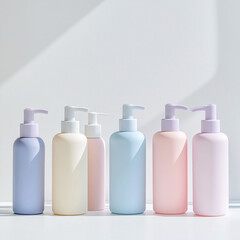 Pastel colored pump bottles arranged in a row on a white surface with shadows