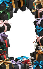 Vertical gift box border with colorful ribbons on transparent background