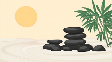 Zen garden scene with smooth stones and bamboo.