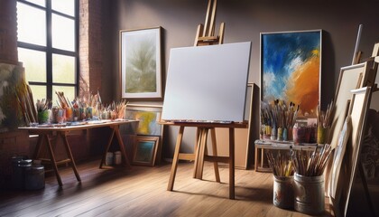 empty easel in an artist s studio with painting supplies