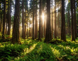 Obraz premium Sunlight streams through towering forest