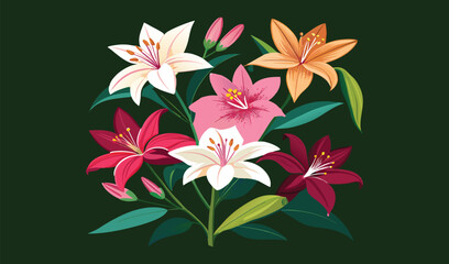 Vibrant bouquet of colorful lilies on dark green