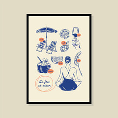 Coastal life sketch style vector illustration in a poster frame. Art for print design, greeting card, postcards, branding, logo design.