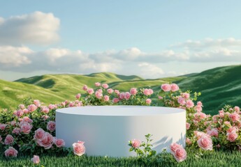 Natural beauty podium with blooming spring flower field background