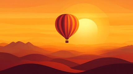 Hot air balloon floats over a sunset landscape.
