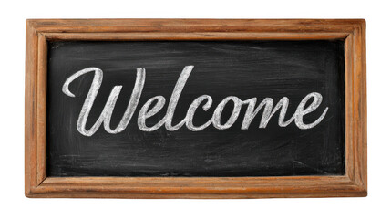 Wooden framed blackboard featuring the word welcome elegantly written in white chalk using cursive letters, set against a transparent background for versatile use in various settings