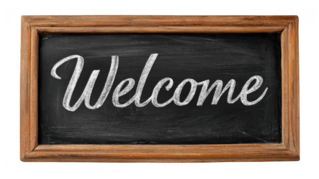 Wooden framed blackboard featuring the word welcome elegantly written in white chalk using cursive letters, set against a transparent background for versatile use in various settings