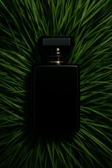 Elegant Black Perfume Bottle nestled in Lush Green Grass Leaves a refreshing natural scent