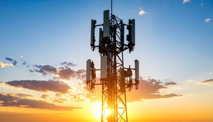 Cell tower silhouetted against a vibrant sunset.  Telecommunications infrastructure at golden hour.
